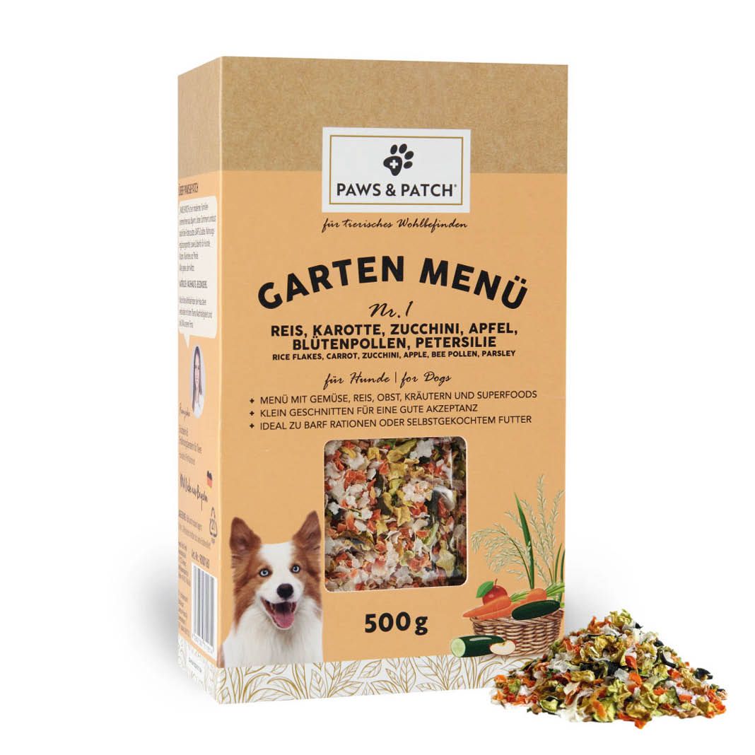 Paws & Patch GARTEN MENÜ Nr. 1 für Hunde - Reis, Karotte, Zucchini, Apfel, Blütenpollen, Petersilie | 500 g