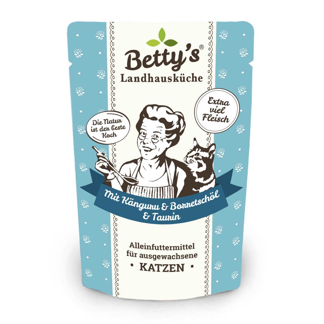 Betty's Landhausküche - Katze - Nassfutter - Känguru mit Borretschöl - Pouch | 12 x 100 g