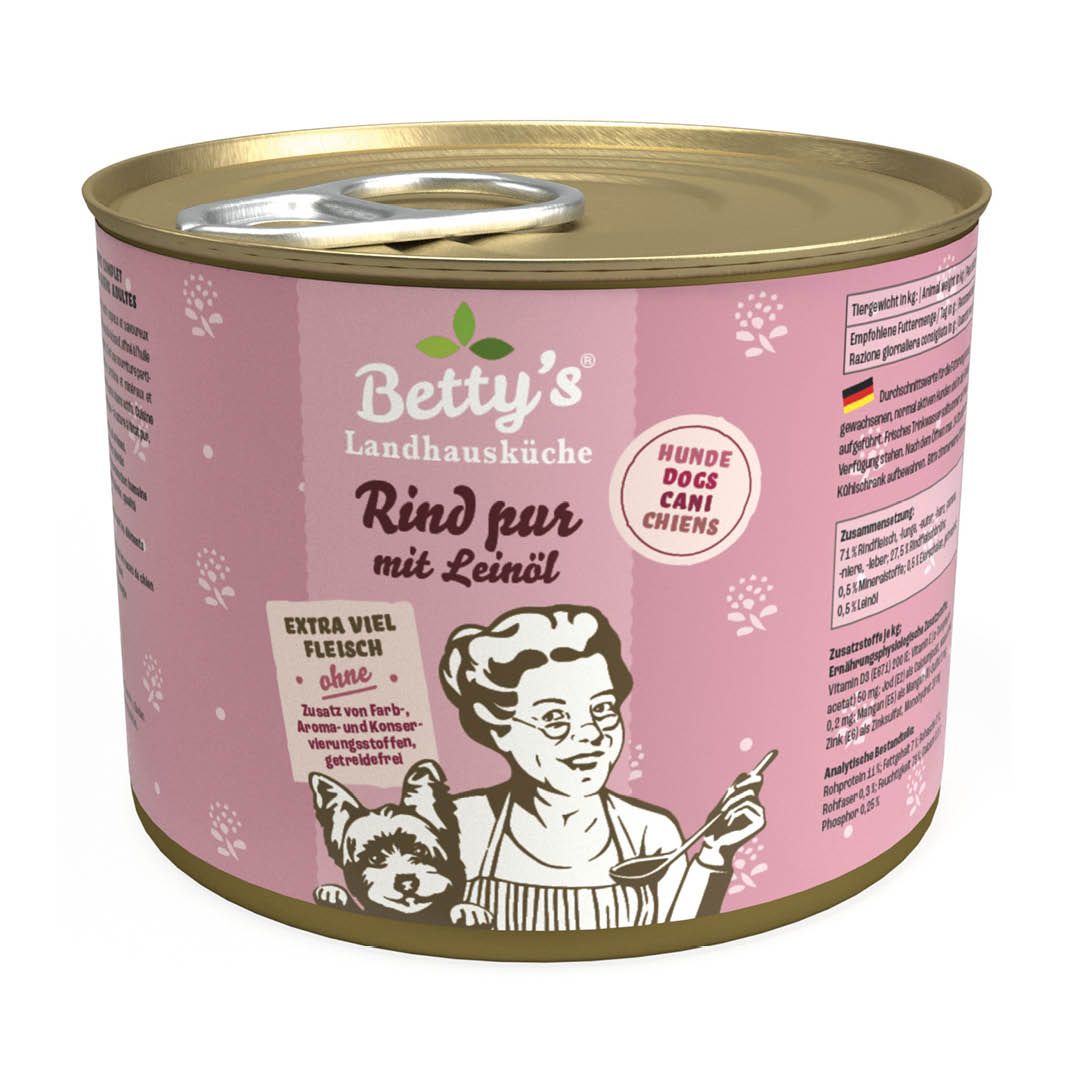 Betty's Landhausküche - Hund - Nassfutter - Rind pur mit Leinöl | 6 x 200 g Betty's Landhausküche - Hund - Nassfutter - Rind pur mit Leinöl | 6 x 200 g