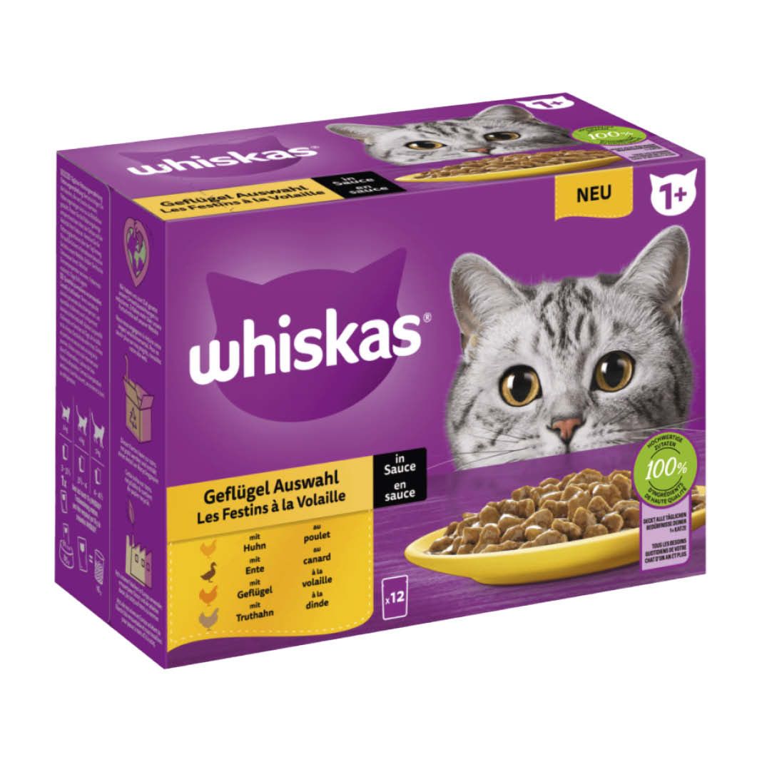 WHISKAS® Portionsbeutel Multipack 1+ Geflügel Auswahl in Sauce | 12 x 85 g