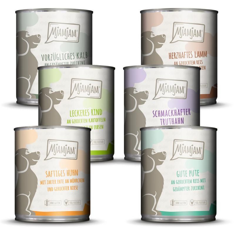 MjAMjAM Dog Mixpaket II - Huhn & Ente Rind Pute Kalb Truthahn Lamm | 6 x 800 g