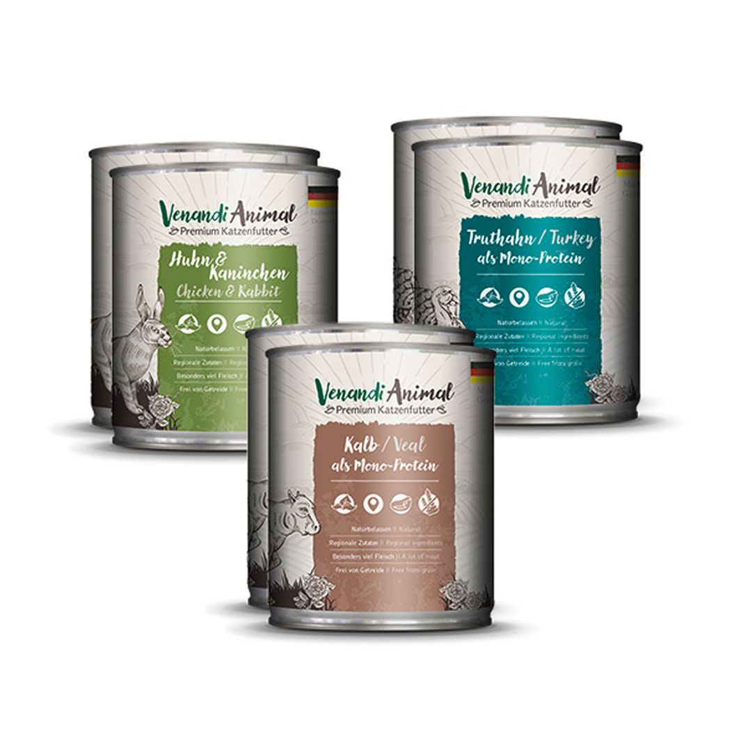 Venandi Animal - Probierpaket II - 2 x Huhn & Kaninchen, 2 x Kalb, 2 x Truthahn | 6 x 800 g