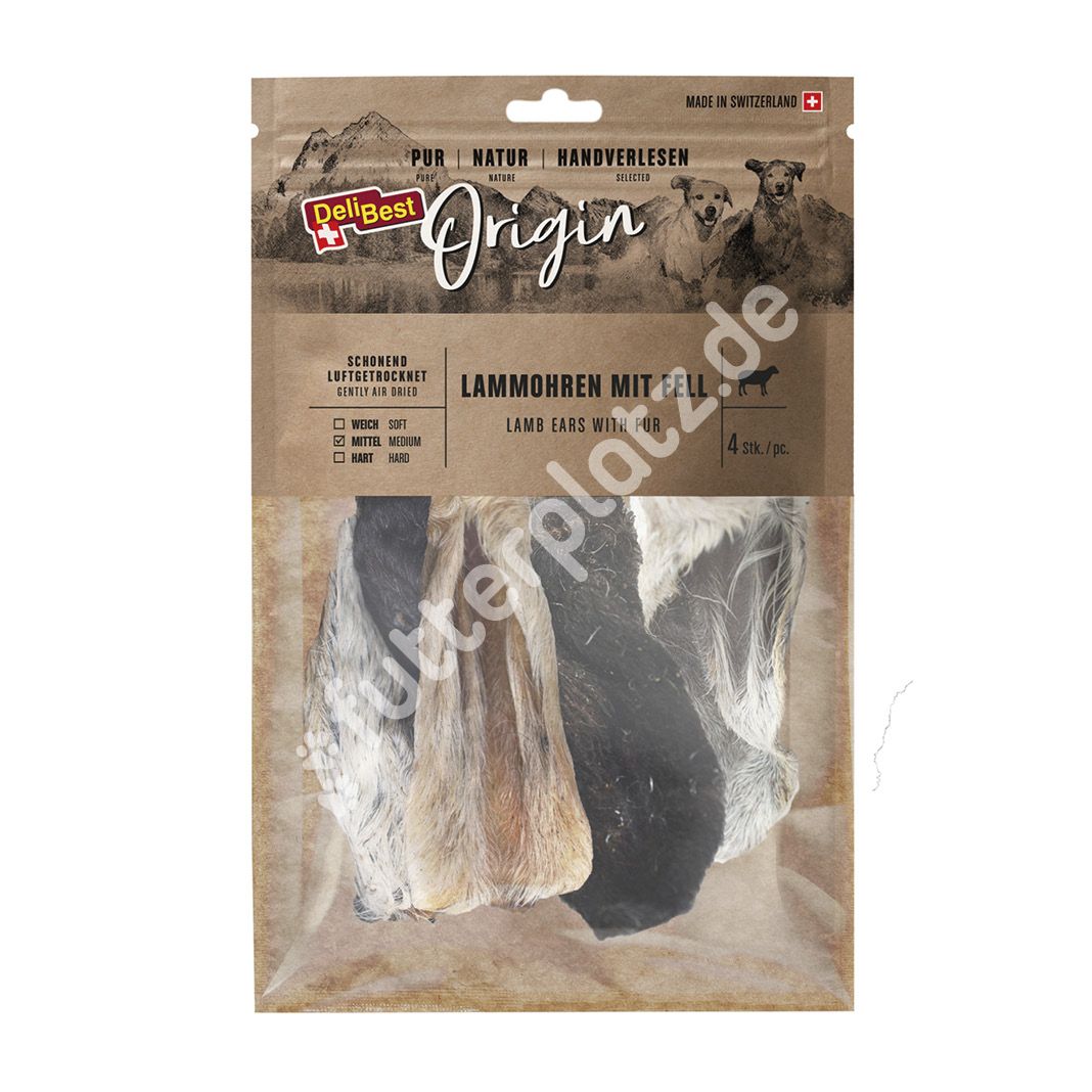 DeliBest Origin - Lammohren mit Fell | 4 Stück
