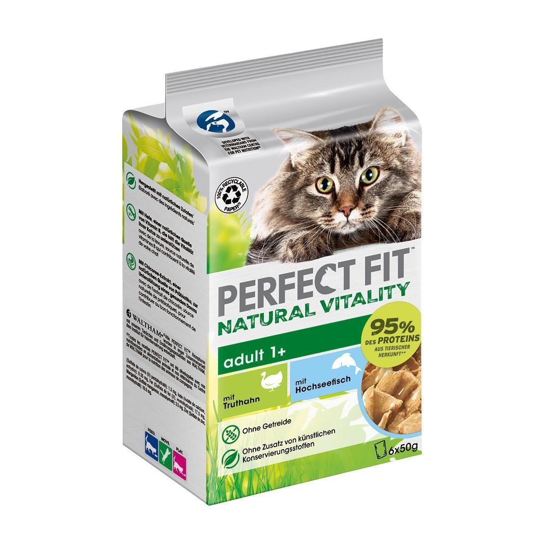 PERFECT FIT™ Katze Portionsbeutel Multipack Natural Vitality Adult 1+ mit Truthahn und mit Hochseefisch | 6 x 50 g
