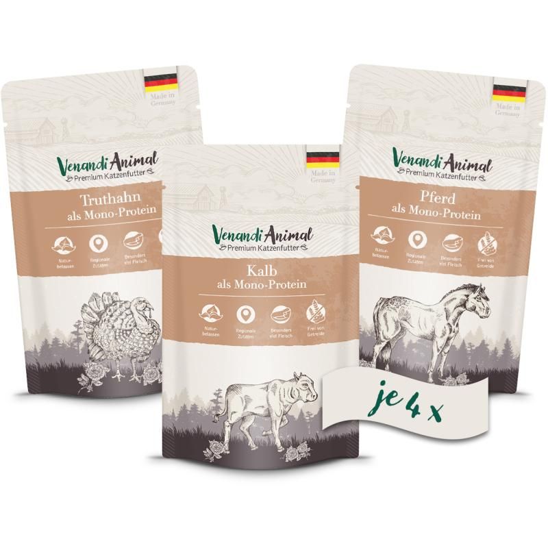 Venandi Animal - Probierpaket II - 4 x Pferd, 4 x Kalb, 4 x Truthahn | 12 x 125 g